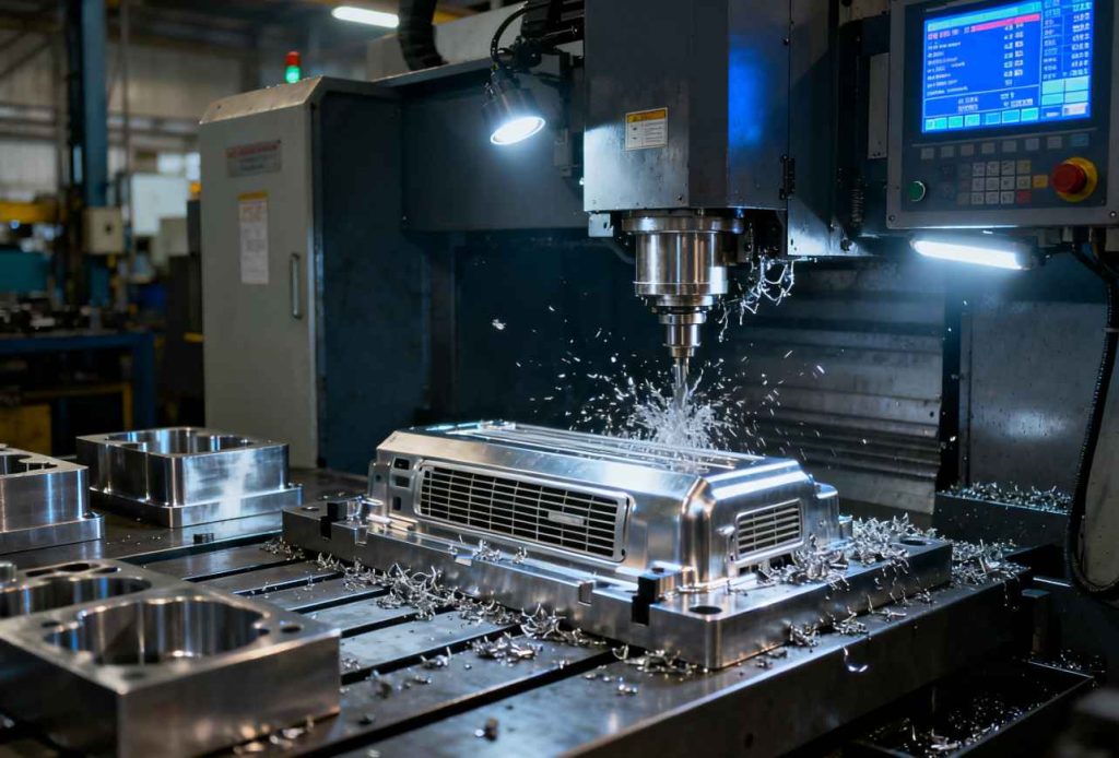 CNC is processing the metal mold of the air conditioner shell